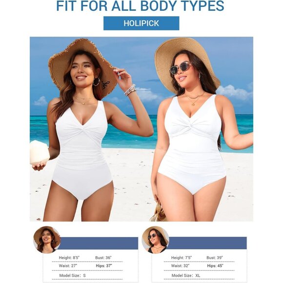 Holipick Women Tummy Control One Piece Swimsuit - white Push Up Full Coverage - Picture 5 of 7
